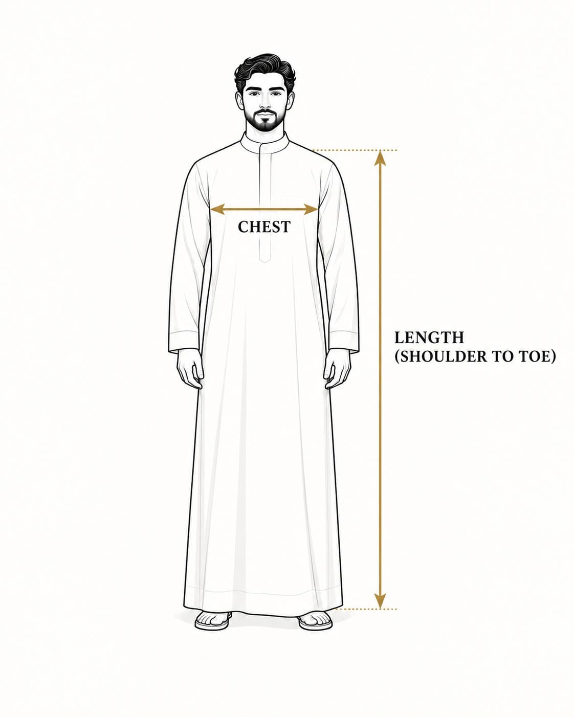 How to measure a thobe: chest across, and length from shoulder to toe